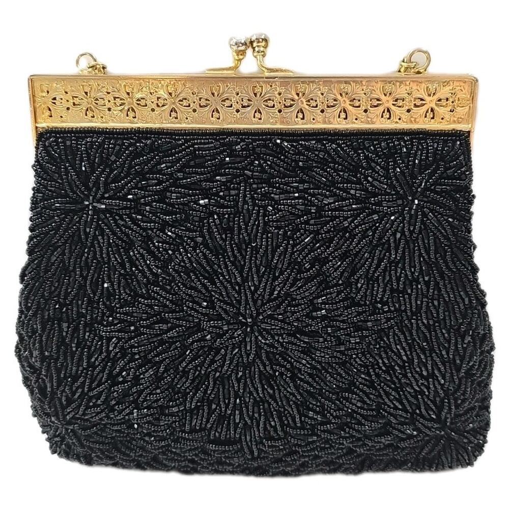 Vintage Walbaeg Beaded Evening Bag 1970's Black w Gold Finish Hardware - Picture 6 of 9